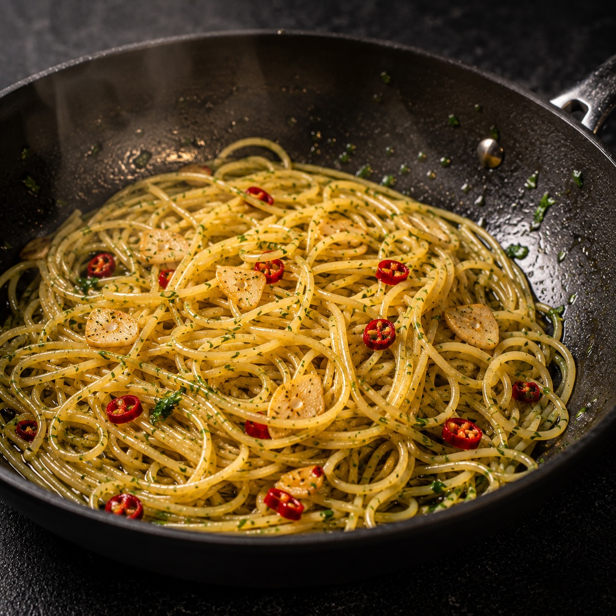 Spaghetti mit Knoblauch und Chili in der Pfanne